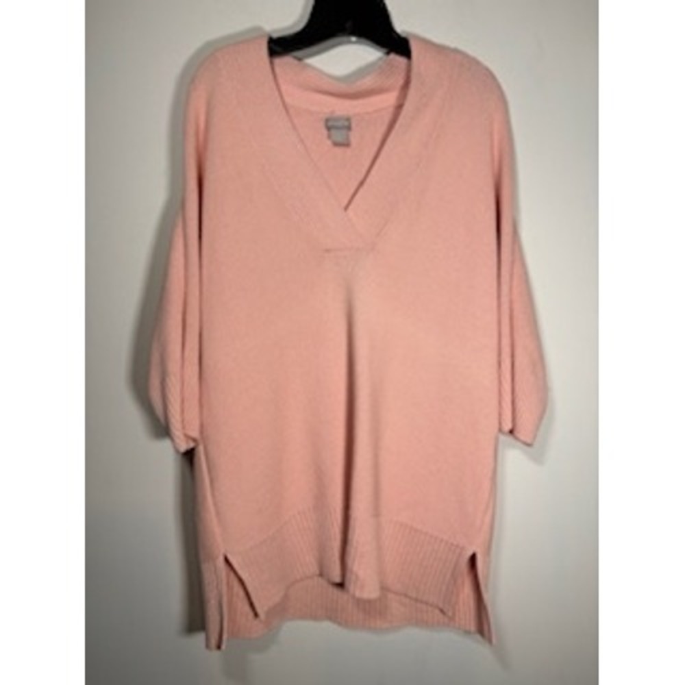 CHICO'S V-Neck Tunic Sweater Pink 3/4 Sleeve Cotton Knit Pullover Cottagecore
